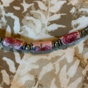 Floral Pink and Silver Beaded Necklace